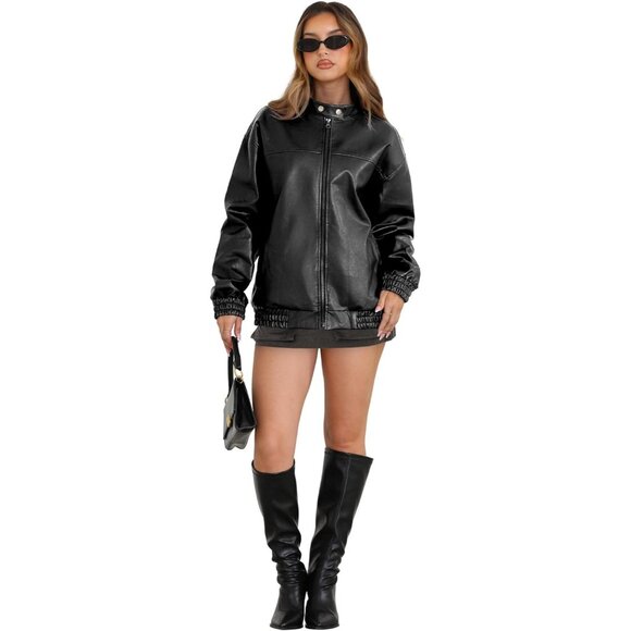 Women Faux Leather Jacket Oversized B-Black Bomber Coat Fall Winter Outfits - Picture 3 of 4